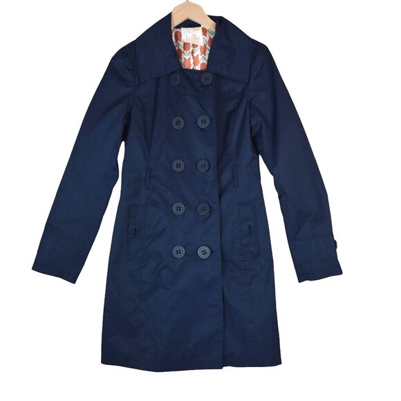 Tulle Women's Navy Blue Trench Coat Sz M Mod Retro Minimalist Rain *Missing Belt - Picture 1 of 8